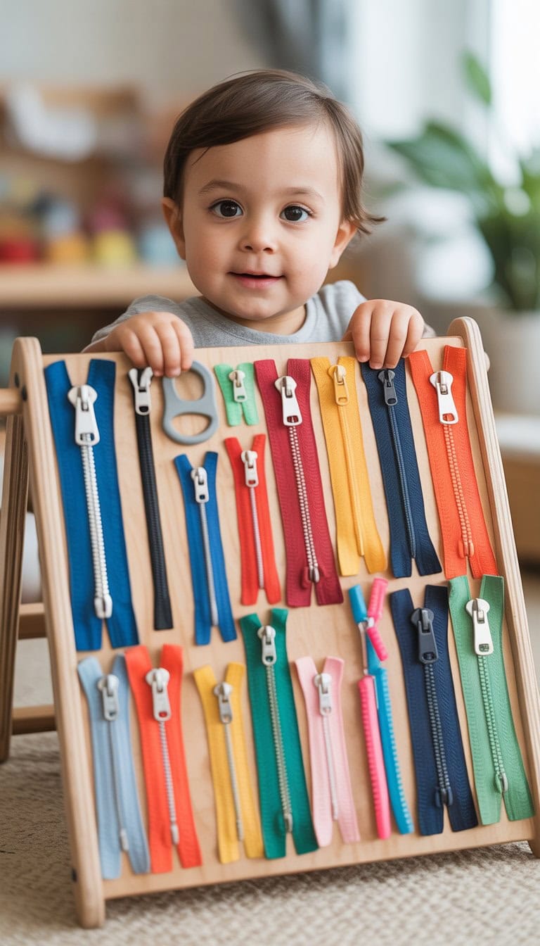 A wooden activity board with various colorful zippers attached for toddlers to practice opening and closing.