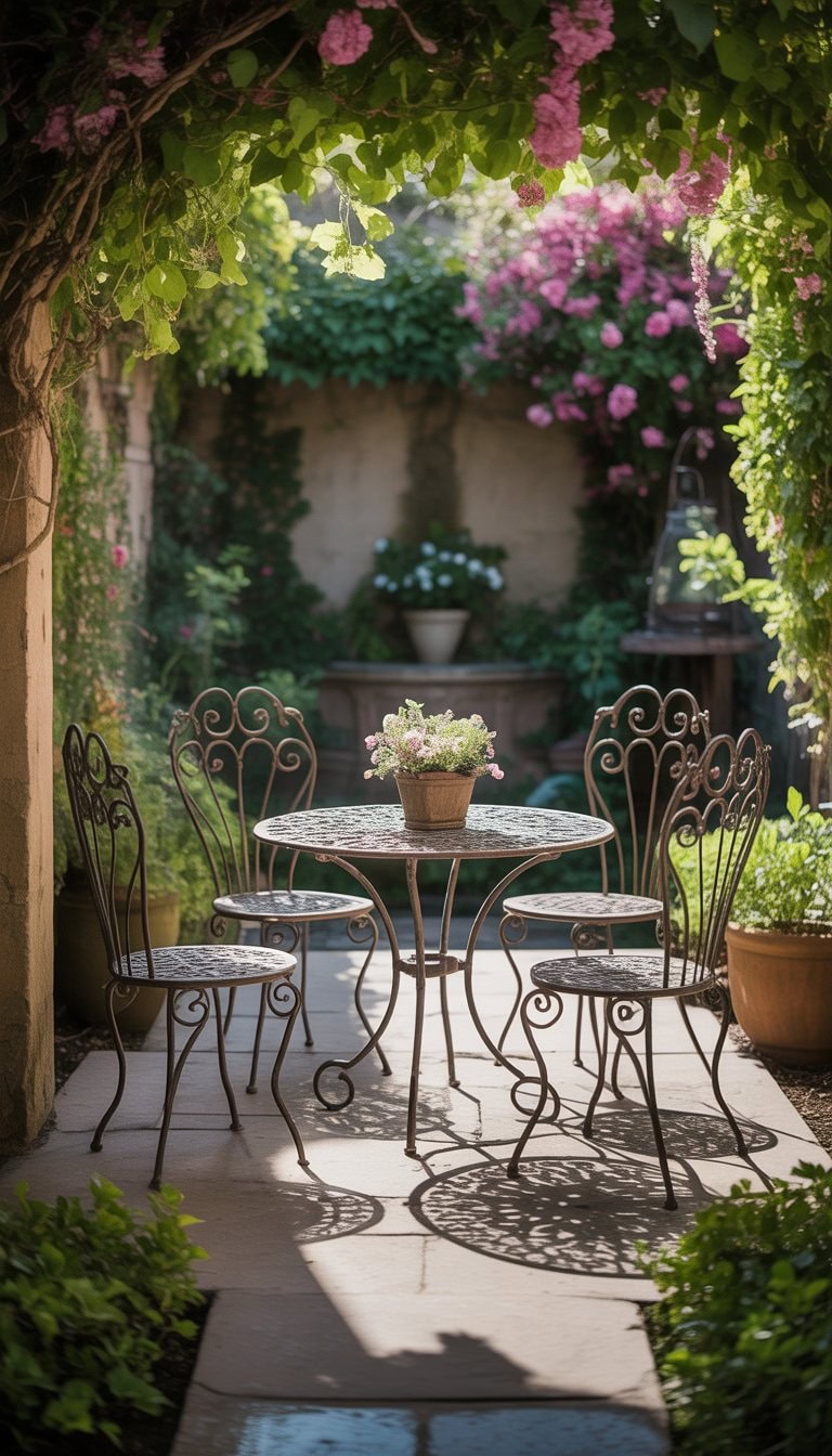A peaceful garden with wrought iron table and chairs surrounded by plants and flowers.