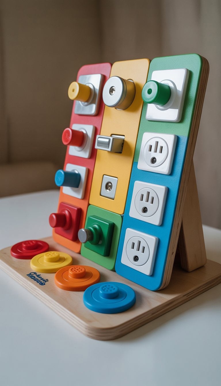 A toddler busy board with a light switch and outlet plate designed for safe flipping and pressing.
