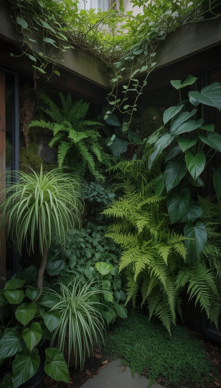 A secluded garden nook filled with dense spider plants and ferns surrounded by natural greenery.
