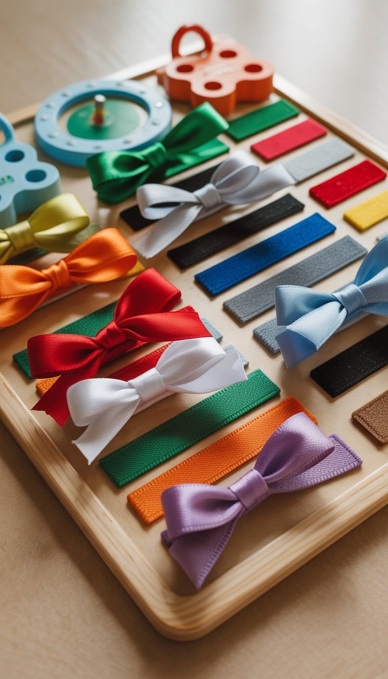 A colorful Velcro and ribbon tying board designed for toddlers to practice fine motor skills.