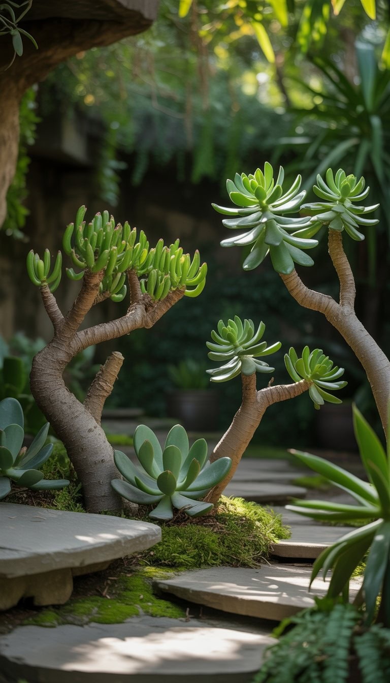 A garden scene with various jade plants arranged among greenery and stone pathways under soft sunlight.