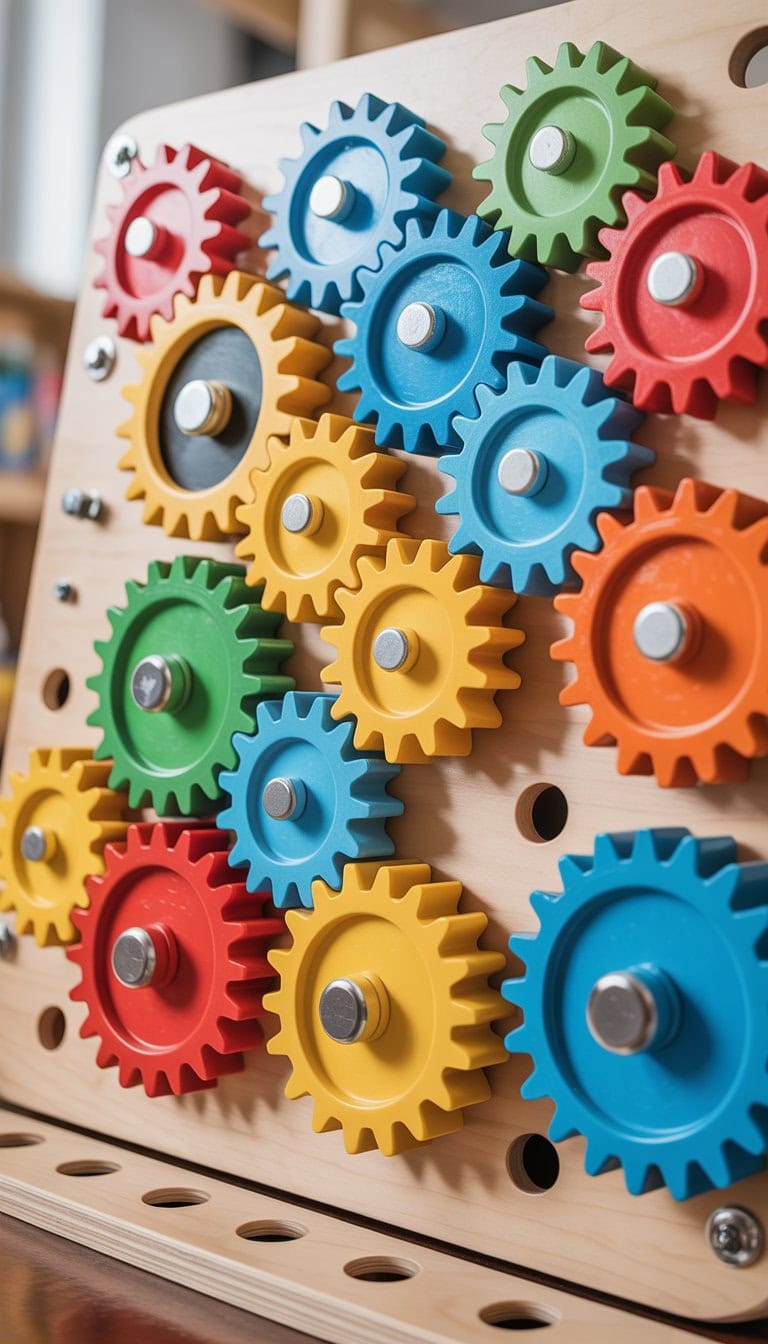A busy board with colorful interlocking gears and cogs turning together on a wooden board.