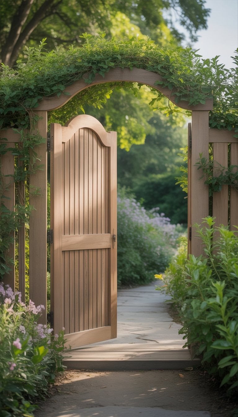 A wooden garden gate partially open, leading to a lush garden path surrounded by plants and trees.