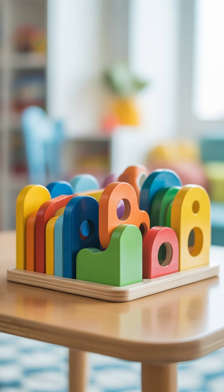 A colorful toddler sliding door puzzle board with small sliding panels on a wooden base.