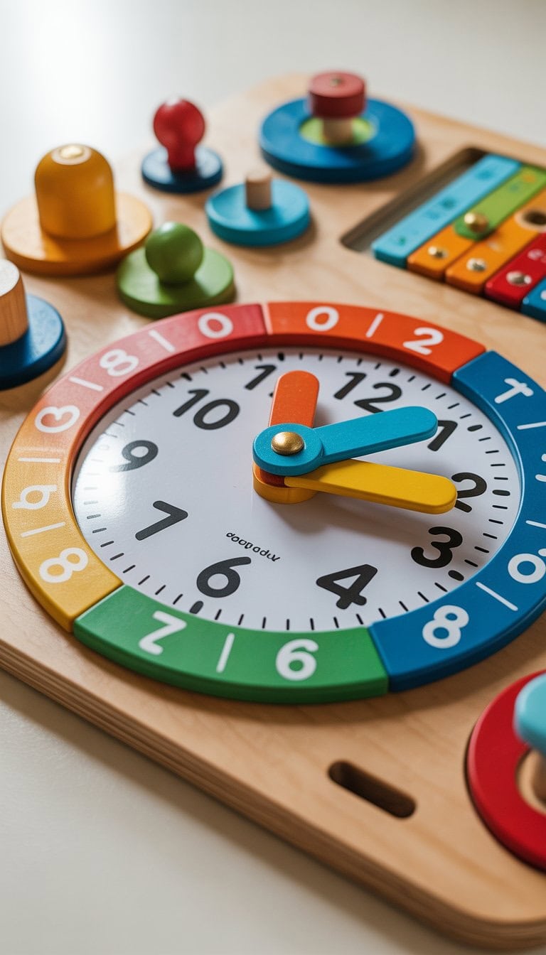 A colorful toddler busy board with a large clock face featuring movable hands and numbers, along with various interactive elements on a wooden board.