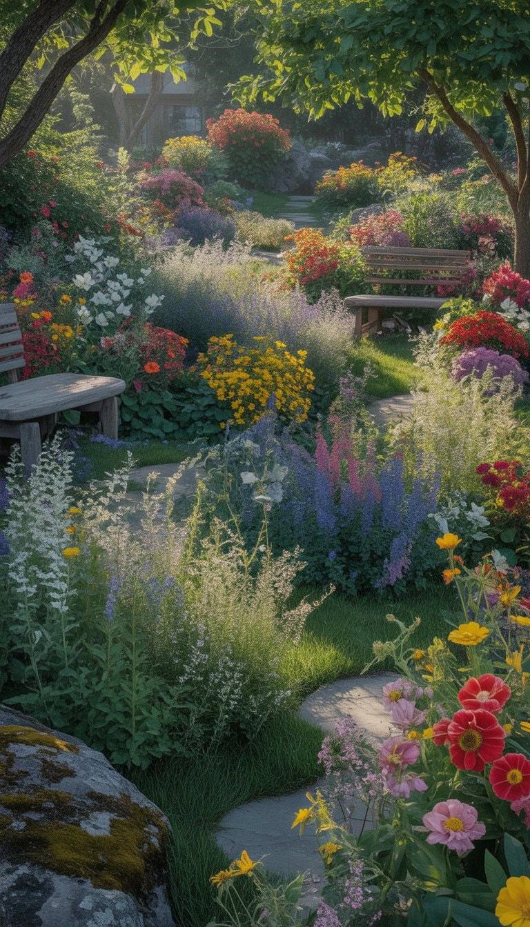 A secret garden filled with colorful flowers and native wildflowers, sunlight filtering through trees, with stone pathways and wooden benches.