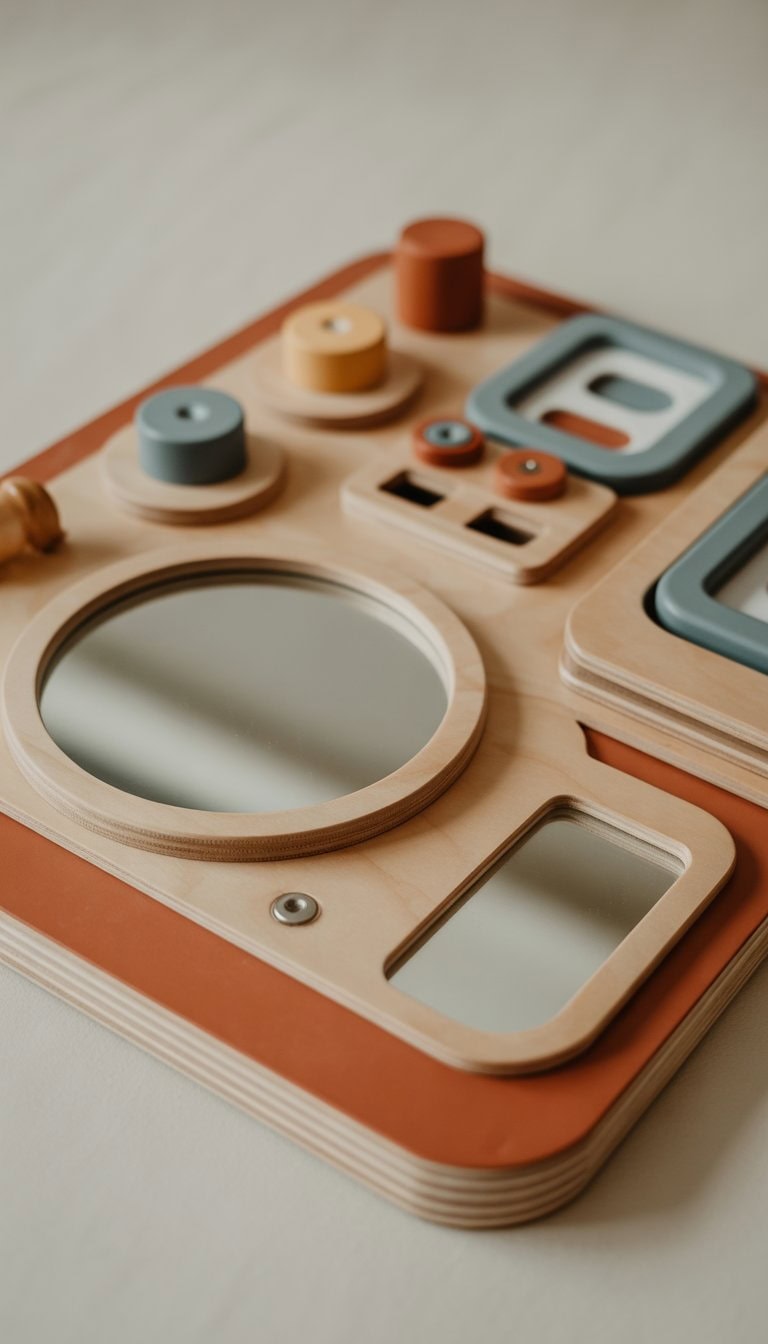 A toddler's busy board with a large mirror and multiple reflective surfaces, featuring colorful interactive elements on a wooden board.