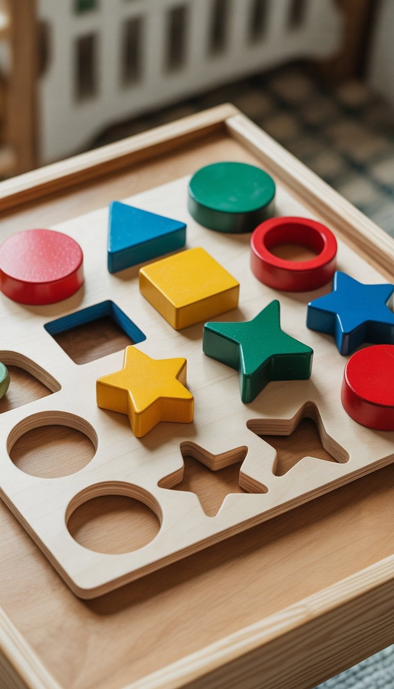 A colorful wooden shape sorting board with geometric cutouts and matching blocks arranged on a light wooden surface.