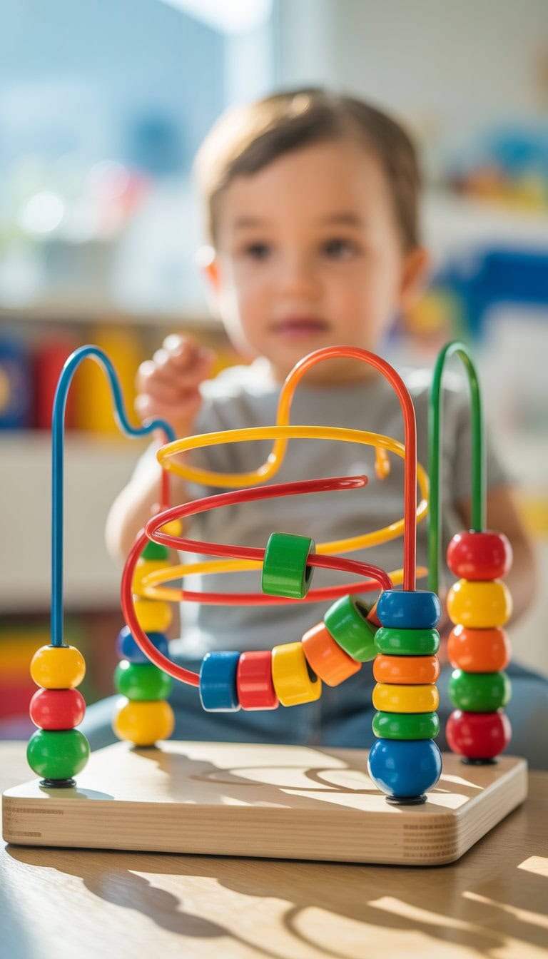 A colorful bead maze board with multiple sliding beads on twisting wires designed for toddlers.