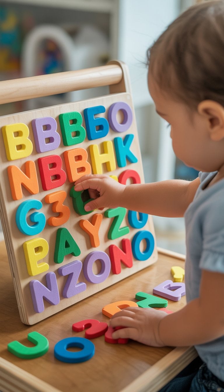 A toddler's hands playing with a colorful Velcro board featuring detachable alphabet letters and numbers.