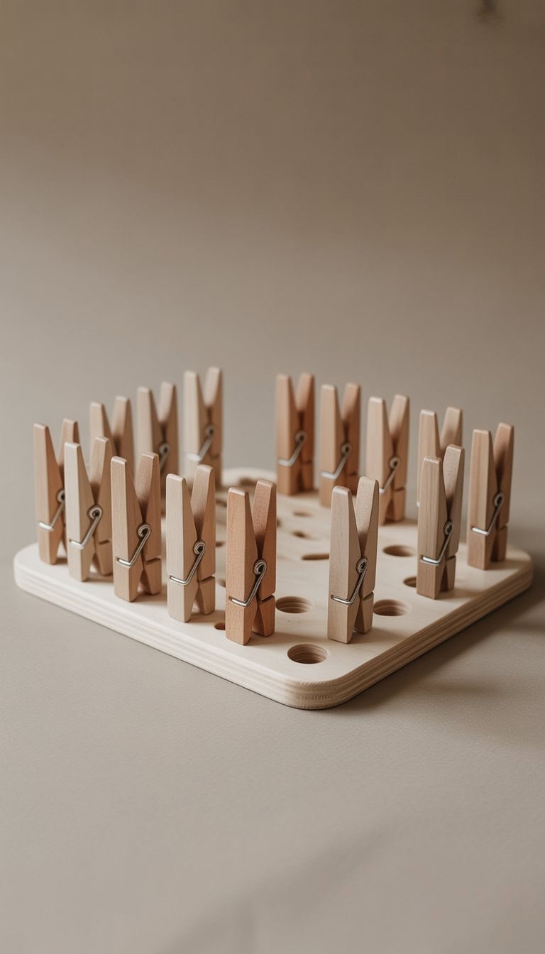 Wooden busy board with multiple wooden clothespins attached, designed for toddlers to pinch and play with.