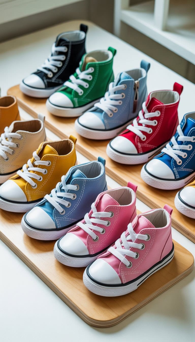 A wooden shoe tying practice board with different types of shoes arranged for toddlers to practice tying laces.