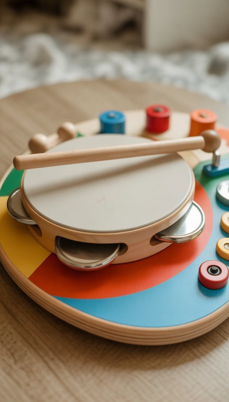 A colorful toddler musical busy board with an attached tambourine and wooden drumstick on a light wooden surface.