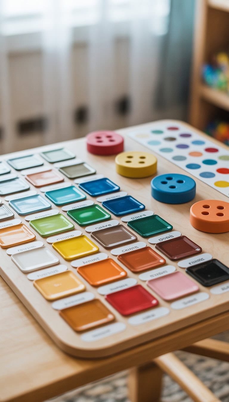 A colorful toddler color matching board with paint swatches and large buttons arranged for interactive play.