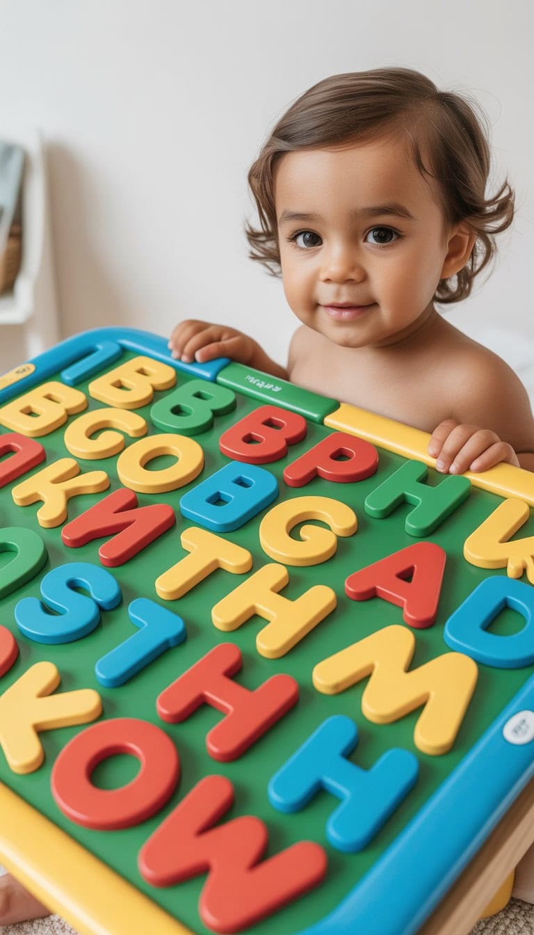 A magnetic board with colorful alphabet magnets arranged on its surface, designed for toddlers.