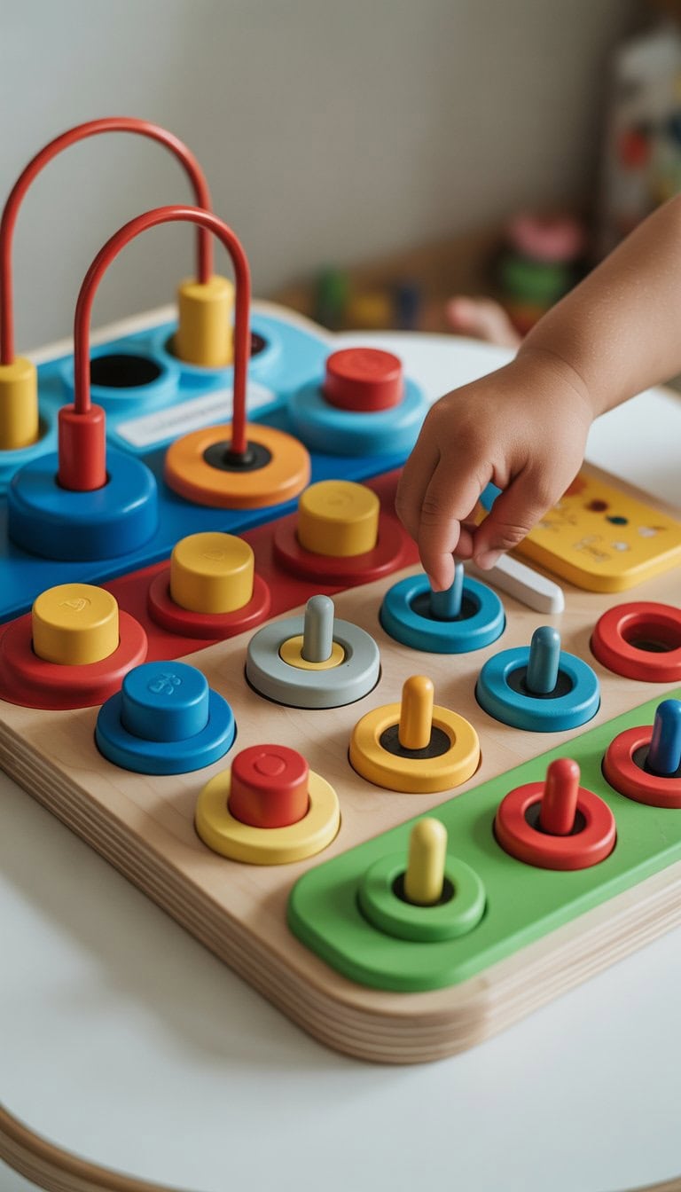 A colorful toddler activity board with buttons, switches, and triggers for interactive play.