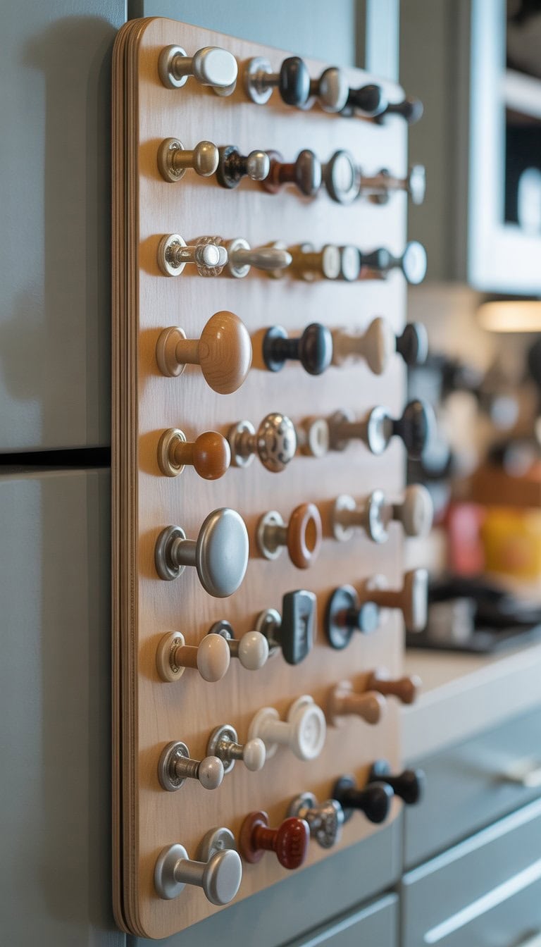 A wooden board displaying various cabinet knobs and handles of different shapes and materials.