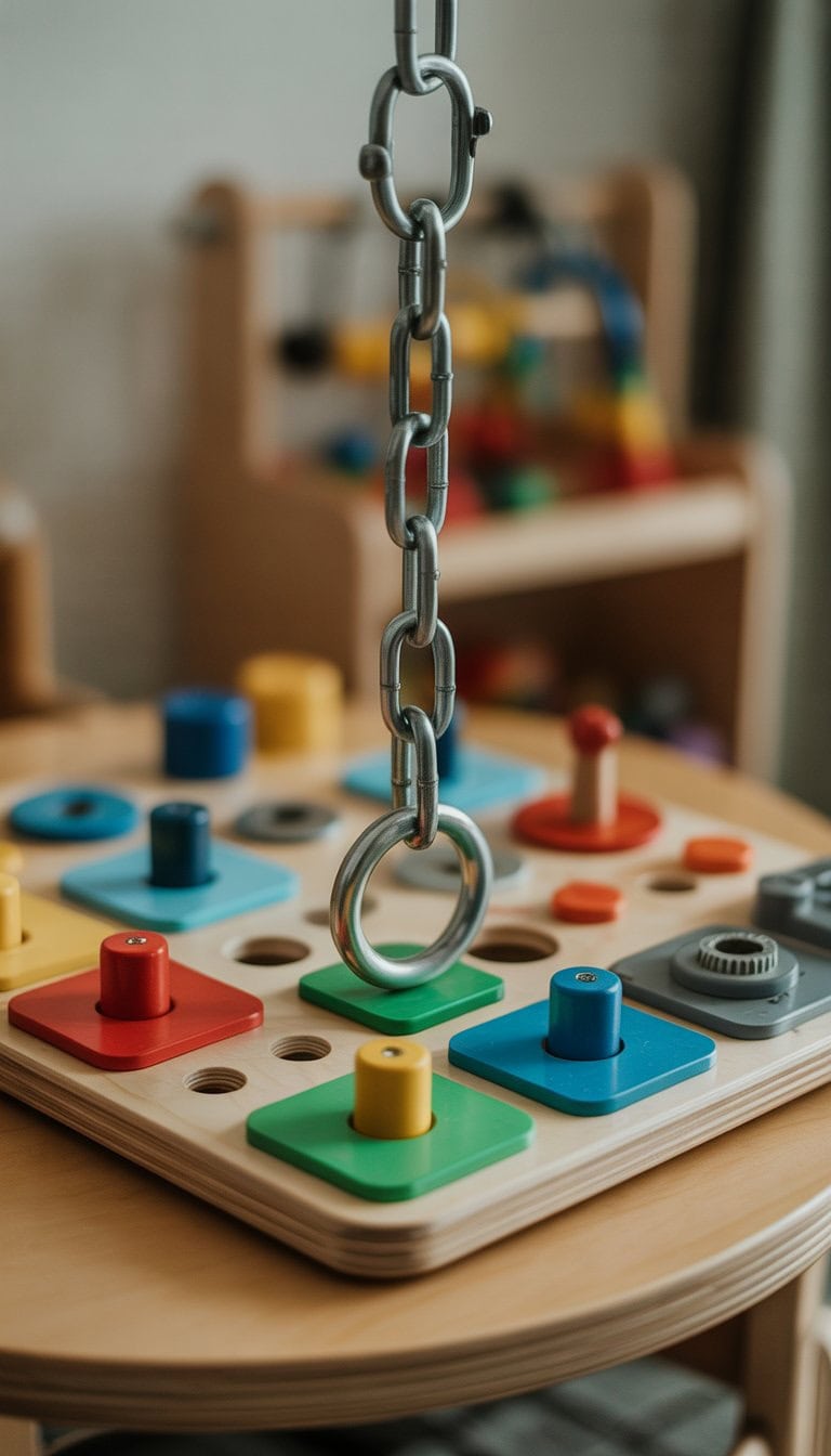 A toddler busy board with a wooden base featuring a metal chain linked to a hook and various interactive elements for children to explore.