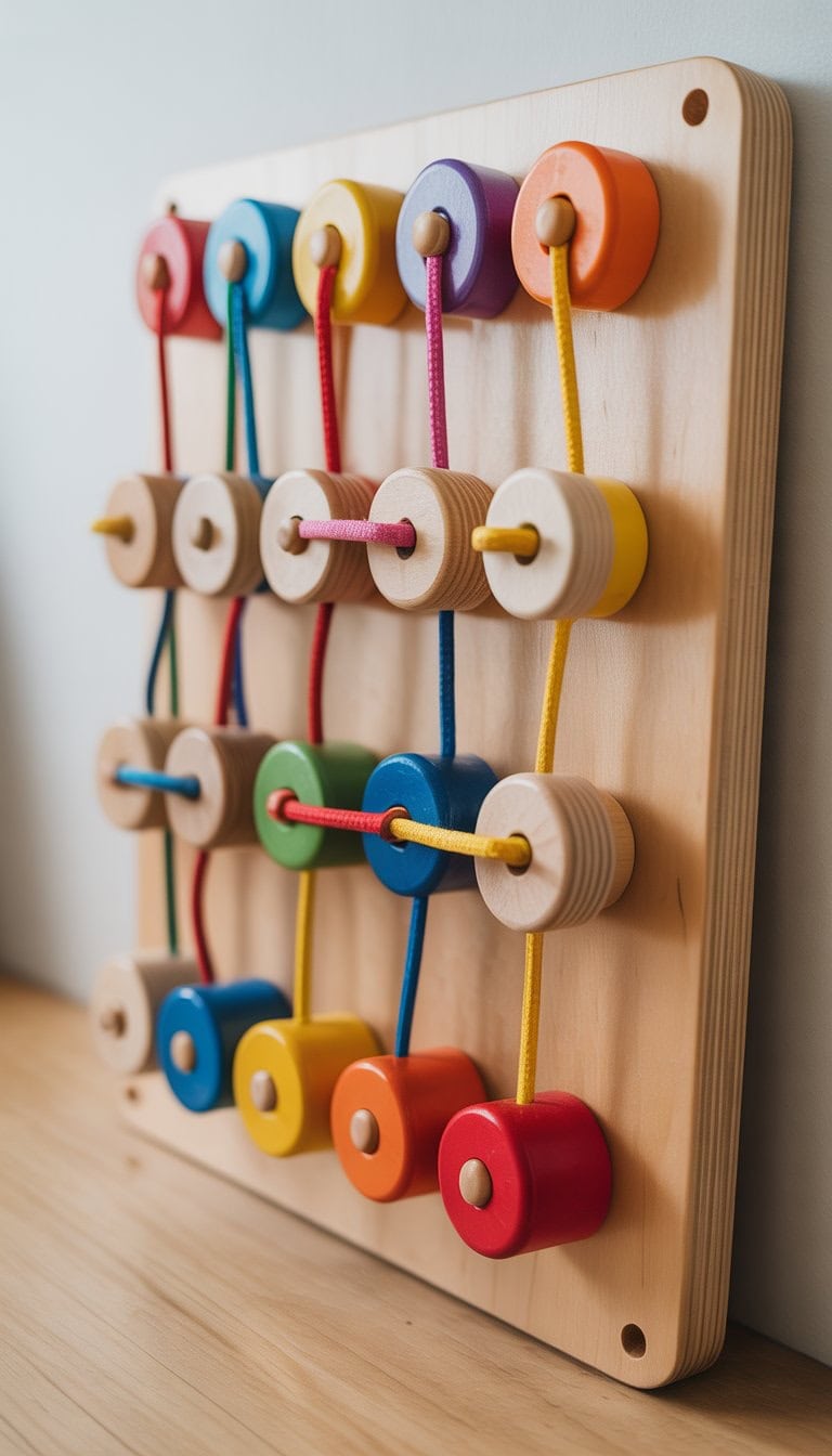 A wooden busy board with small pulleys and colorful ropes arranged for toddler play.