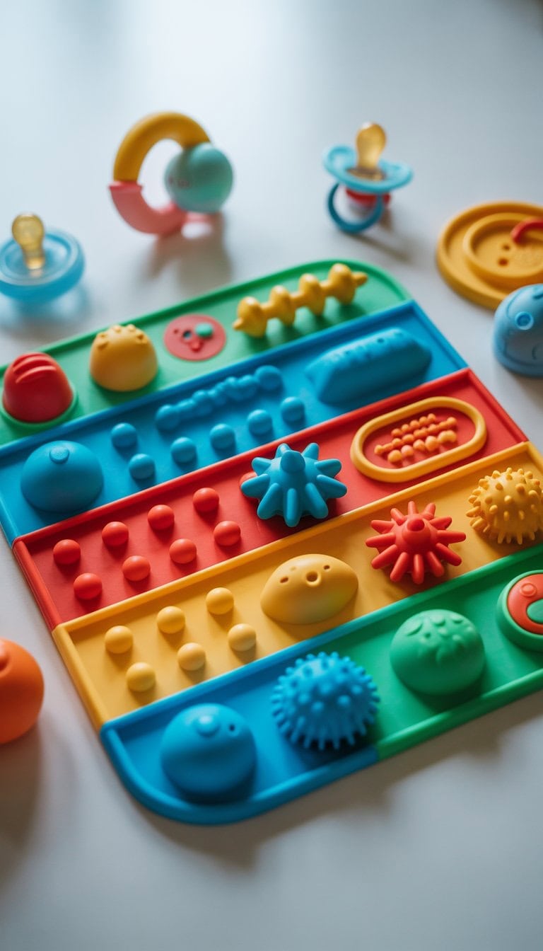 A colorful silicone texture board for toddlers with various tactile shapes and bumps placed on a white surface with small toys around it.