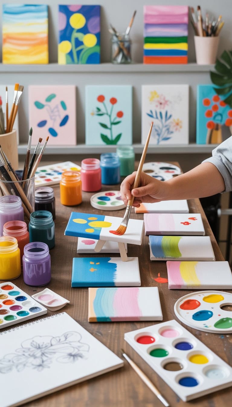 A workspace with small canvas paintings, paintbrushes, jars of paint, and hands painting on a canvas.