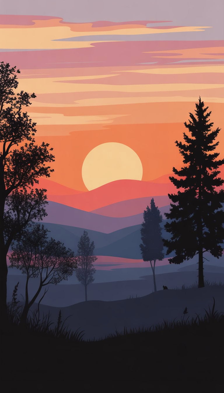 A sunset landscape with dark silhouettes of trees and hills against a colorful sky.