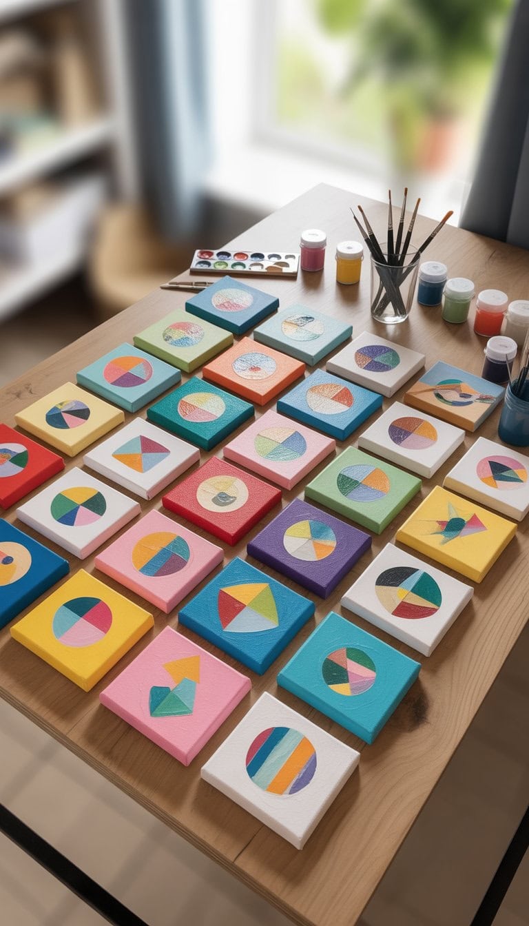 A collection of 25 small canvases with colorful abstract geometric designs arranged on a wooden table alongside painting supplies.