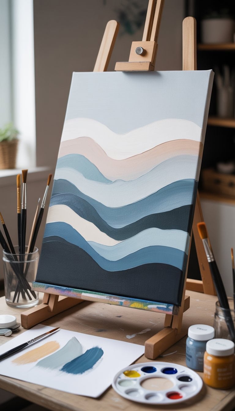 A simple mountain range painting on a canvas displayed on an easel with painting supplies on a wooden table in a bright art studio.