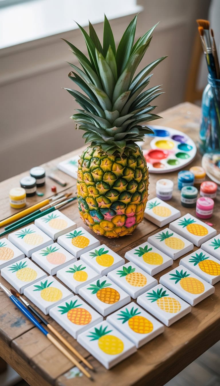 A brightly painted colorful pineapple surrounded by 25 small canvas paintings and art supplies on a wooden table.