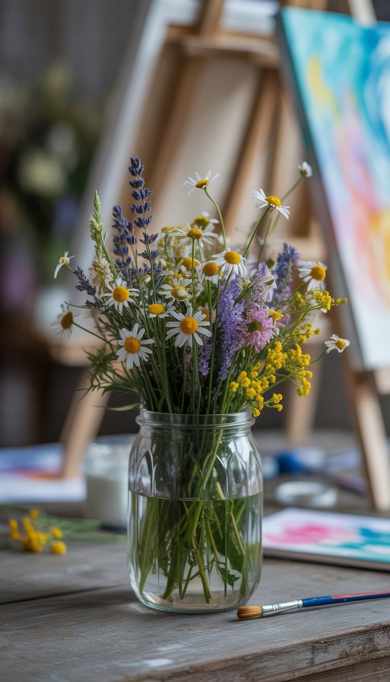 A glass jar filled with wildflowers sitting on a wooden table with art supplies blurred in the background.