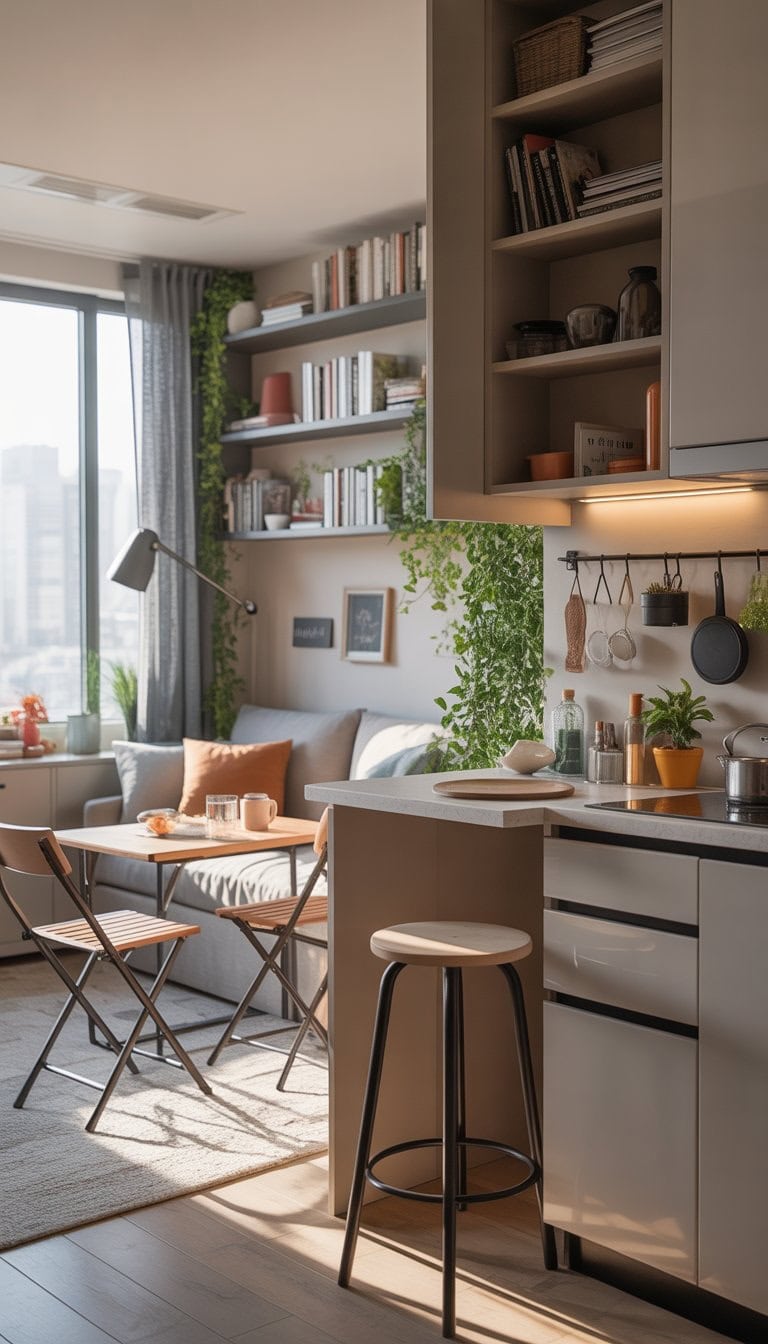 A small apartment living space with multifunctional furniture, wall shelves, a compact kitchen, and natural light coming through large windows.