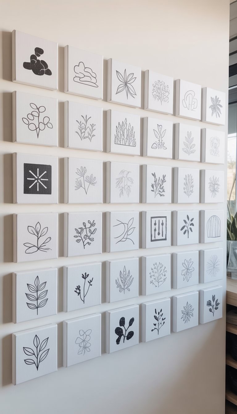A wall displaying 25 small black and white canvas paintings with simple line drawings arranged in a neat grid.