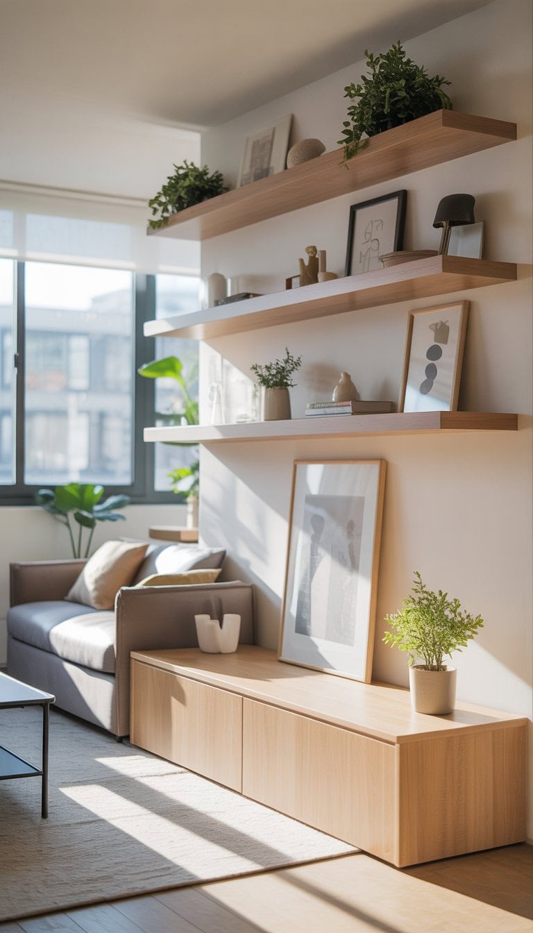Small apartment living area with floating shelves holding plants and books, a sofa, and a coffee table.