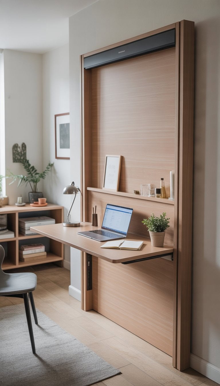 A small apartment workspace with a fold-down wall desk, a laptop, a chair, and decorative plants near a window.