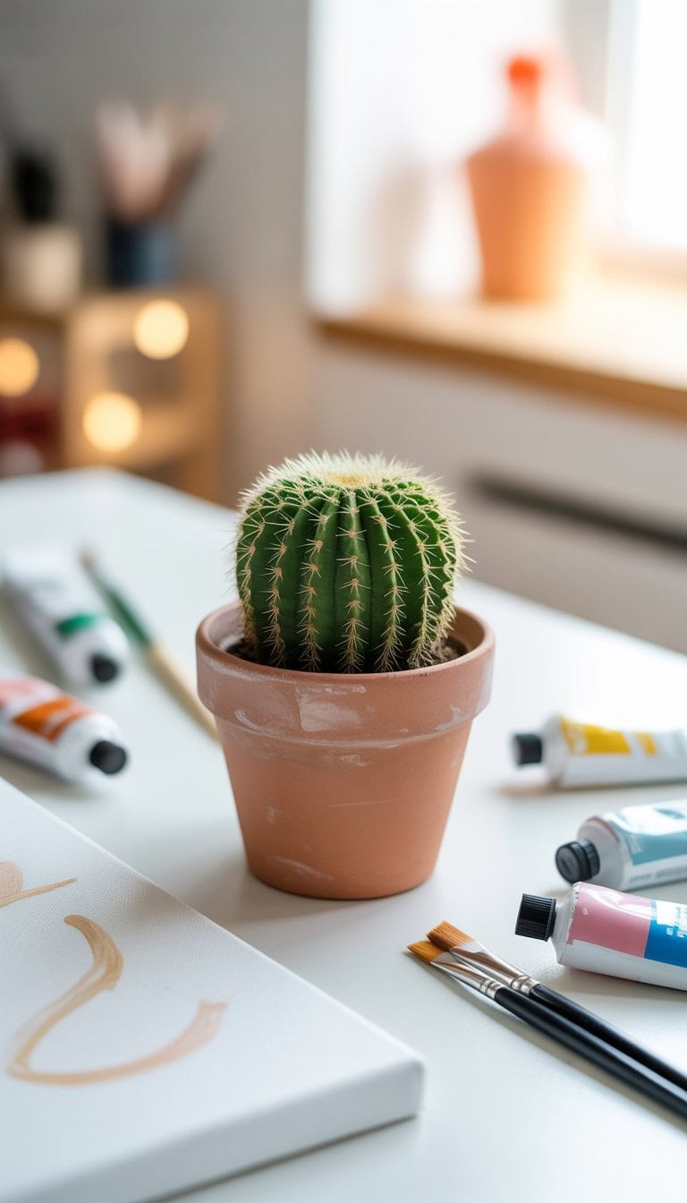 A small green cactus in a terracotta pot on a white surface with paintbrushes, paint tubes, and a blank canvas nearby.