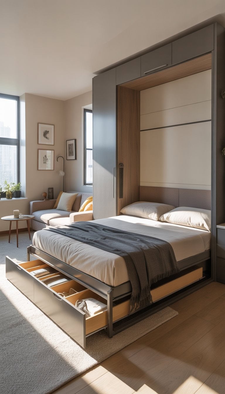 Small apartment room with a murphy bed folded up, built-in storage drawers, a sofa, and natural light coming through windows.