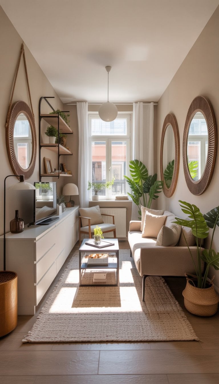 A small, bright apartment living room with mirrors on the walls that make the space appear larger, featuring compact furniture and plants.