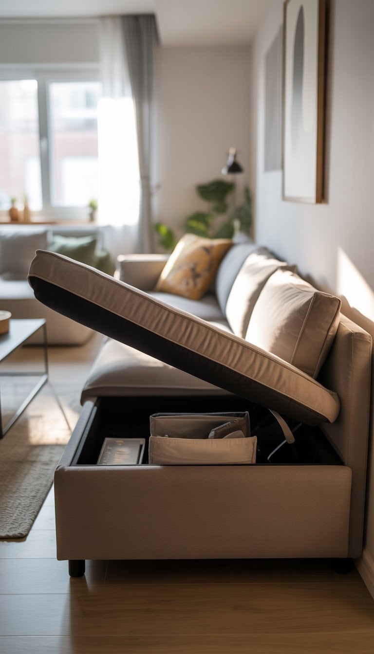 A small apartment living room with a sectional sofa that has hidden storage compartments, natural light, and some plants.