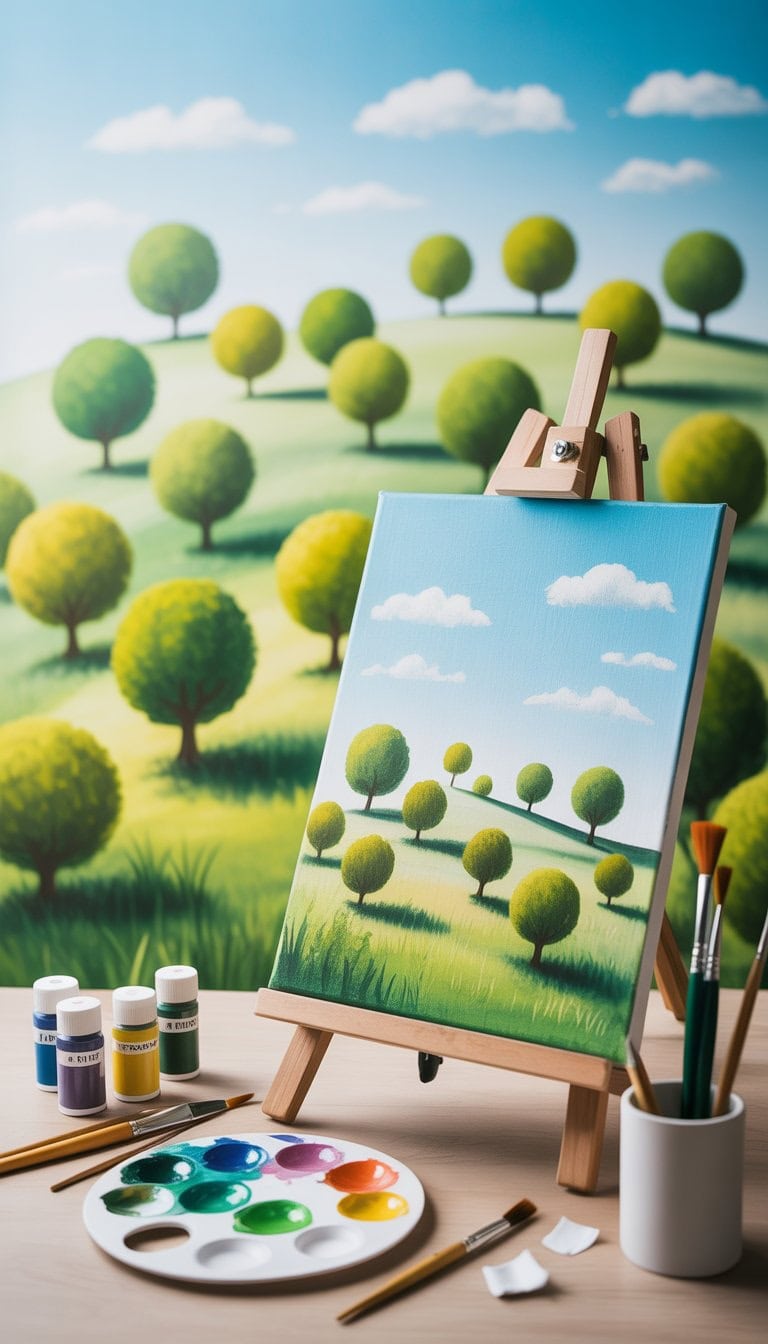 A peaceful outdoor scene with small green trees and an easel holding a canvas painting of trees, surrounded by painting supplies.