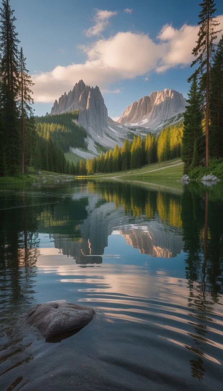 A clear lake reflecting snow-capped mountains and green pine trees under a warm sunlight sky.