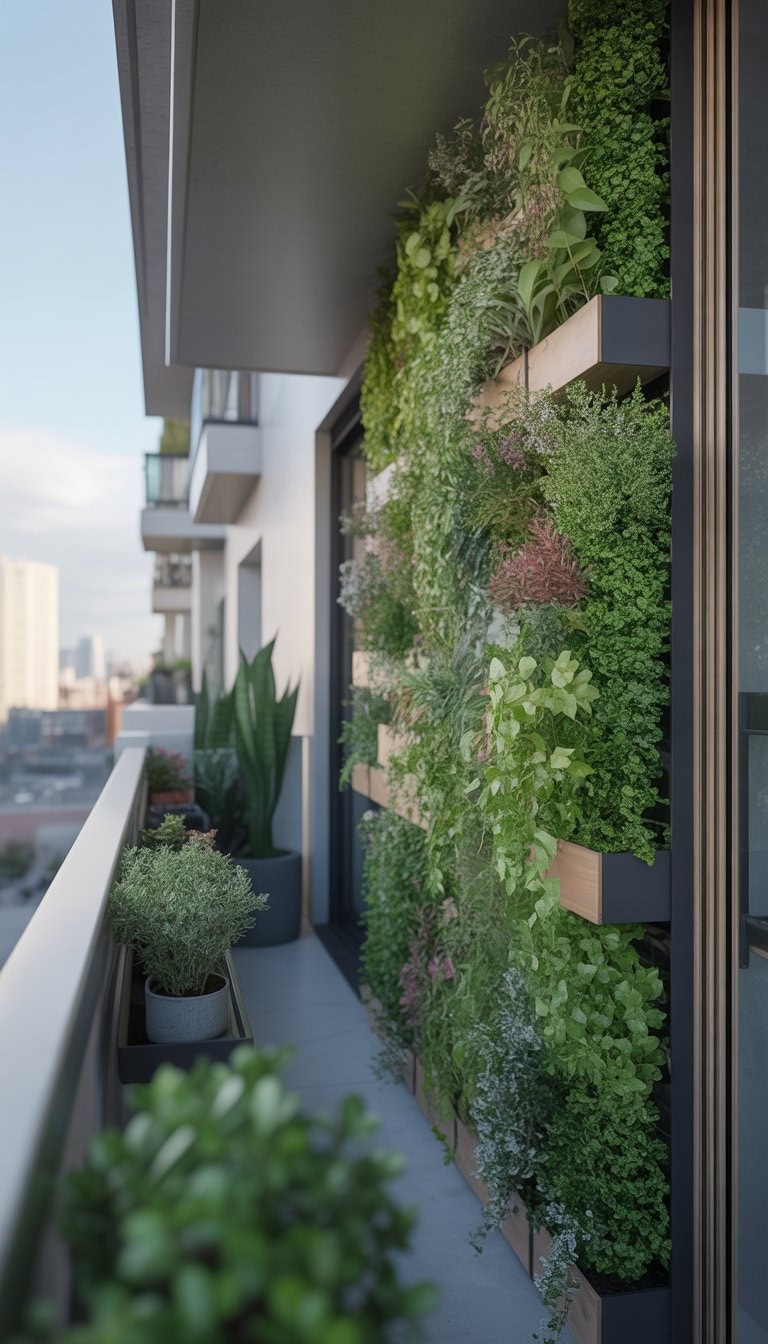 A small apartment balcony with a vertical garden of various green plants on a wall, overlooking a cityscape.
