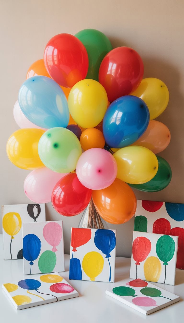 A colorful bouquet of balloons surrounded by small canvases with simple beginner painting ideas.