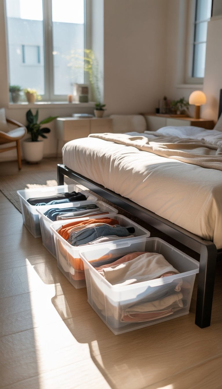 A small bedroom with under-bed storage bins holding folded clothes beneath a modern bed frame, with natural light and simple decor.