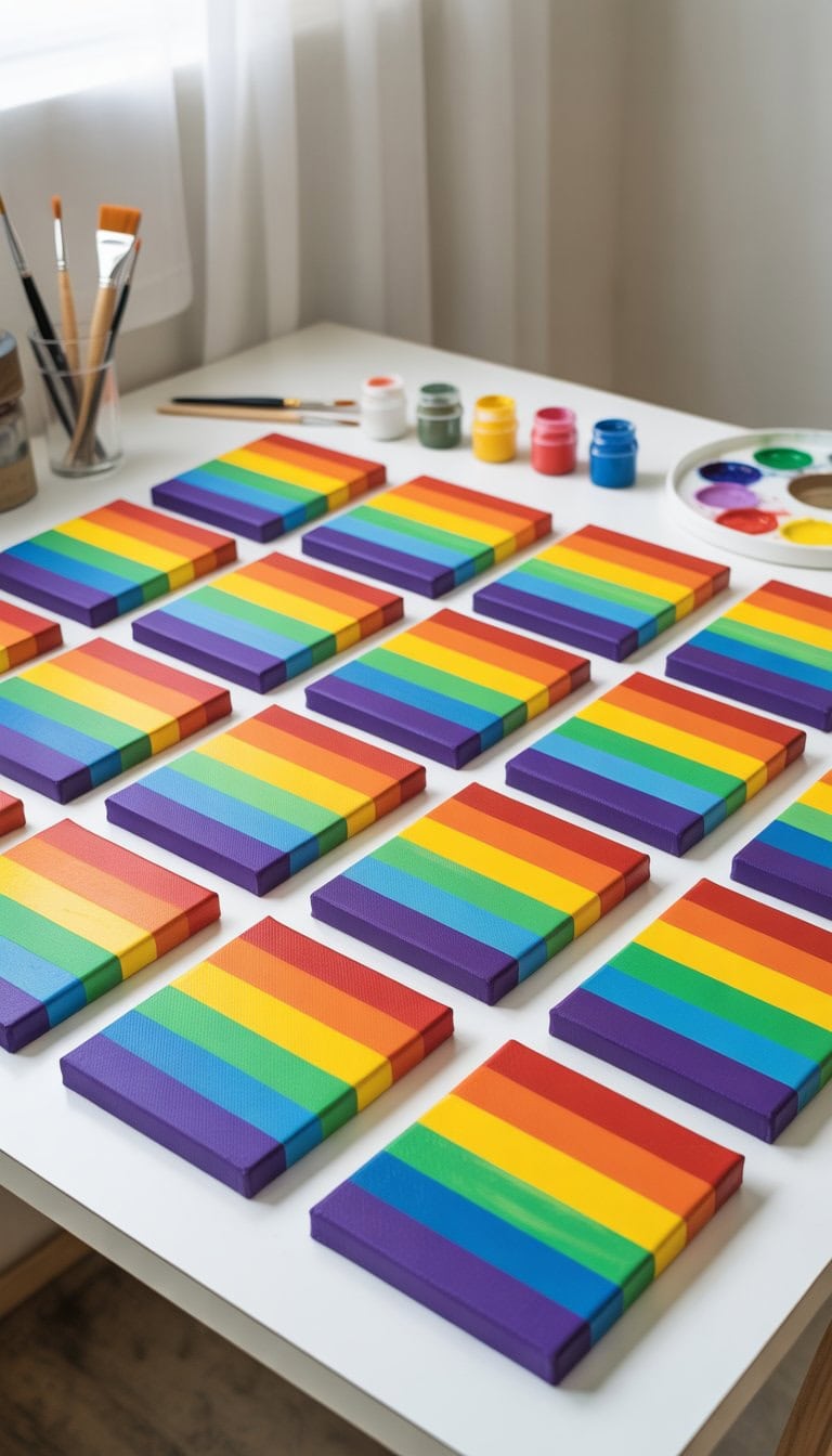 A collection of 25 small canvases painted with colorful rainbow gradient stripes arranged on a white table with paintbrushes and paint jars nearby.