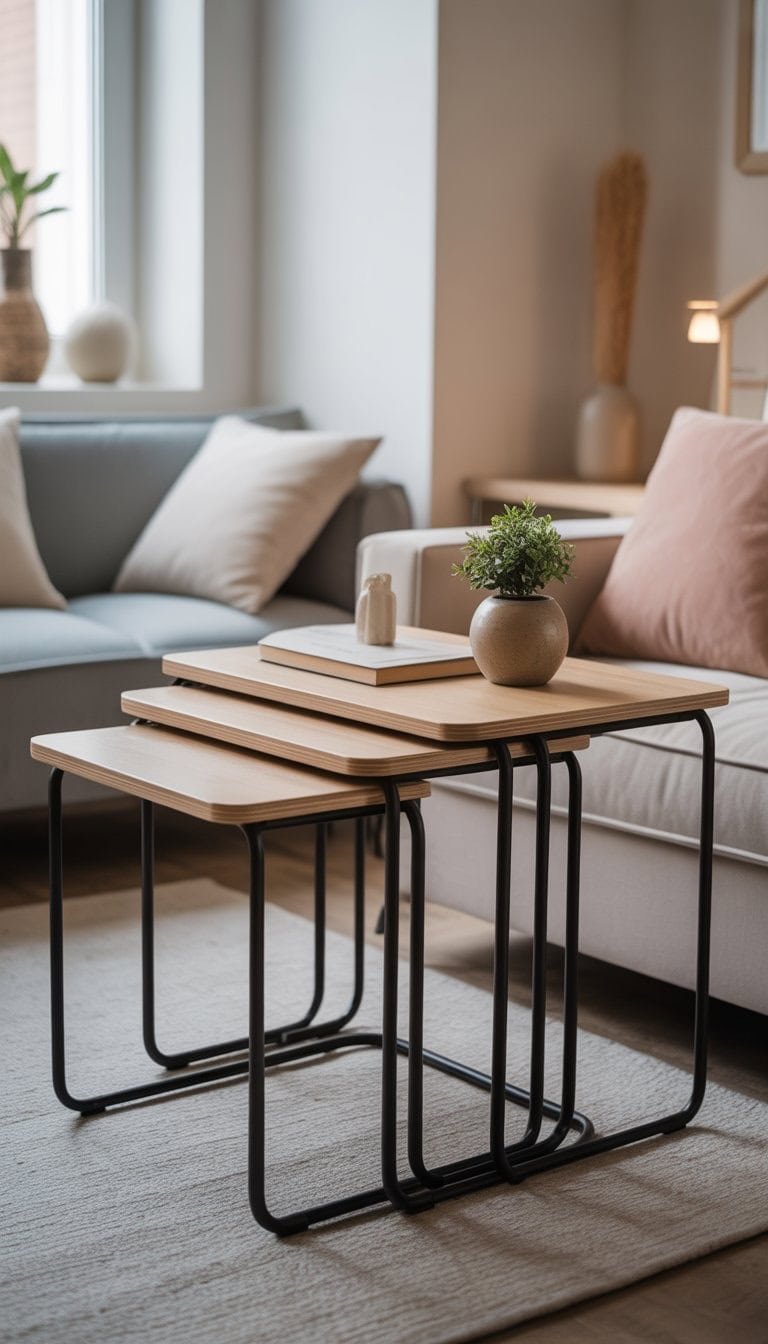 A small apartment living room with nesting tables arranged beside a sofa, featuring plants, books, and decorative items in a bright, organized space.