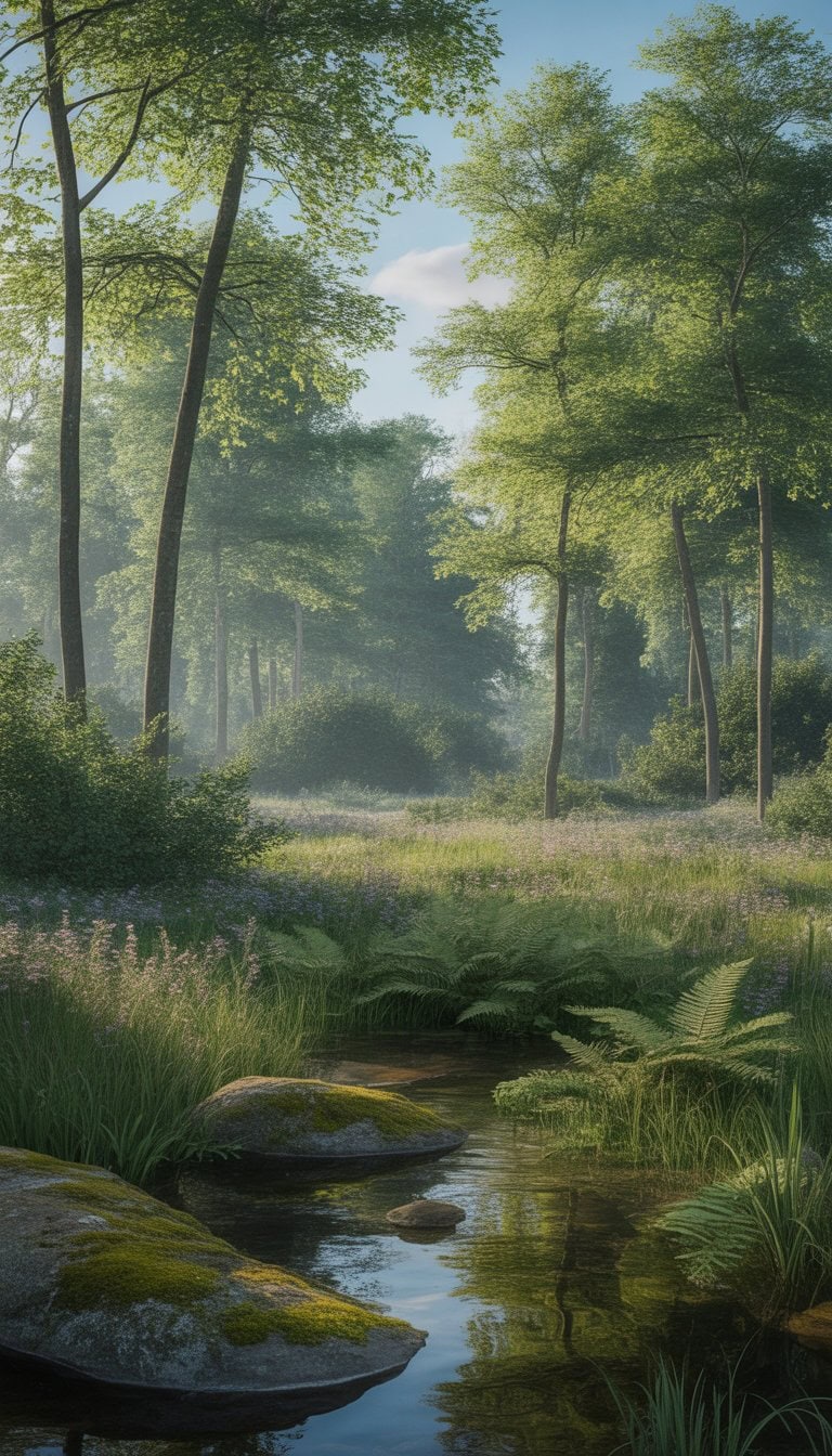 A peaceful forest with tall trees, a gentle stream flowing over rocks, and sunlight filtering through the leaves onto the green forest floor.