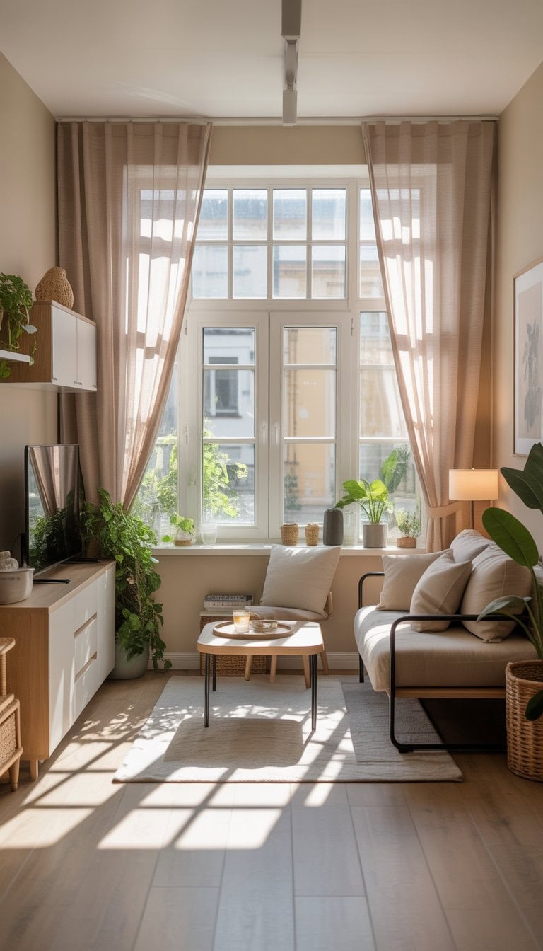 A small apartment living room with large windows covered by light-colored curtains, modern furniture, and plants.