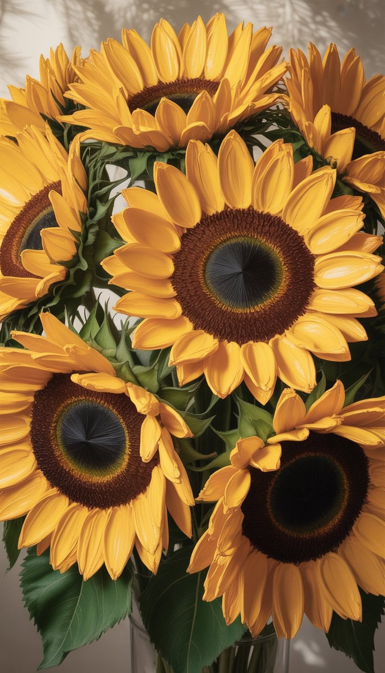 A close-up of a bouquet of sunflowers painted with thick textured paint on a canvas.
