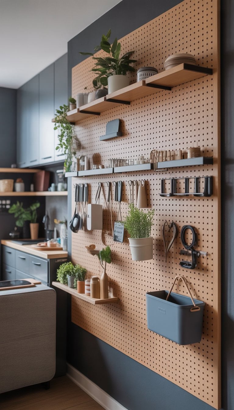 A small apartment interior with a pegboard wall holding kitchen utensils and decorative items, showing efficient use of space.